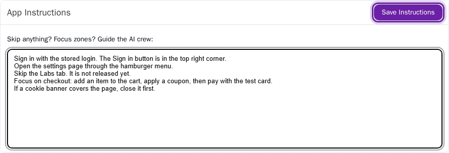 The App Instructions editor Pie portal App Instructions editor with test guidance typed in and the Save Instructions button ringed.