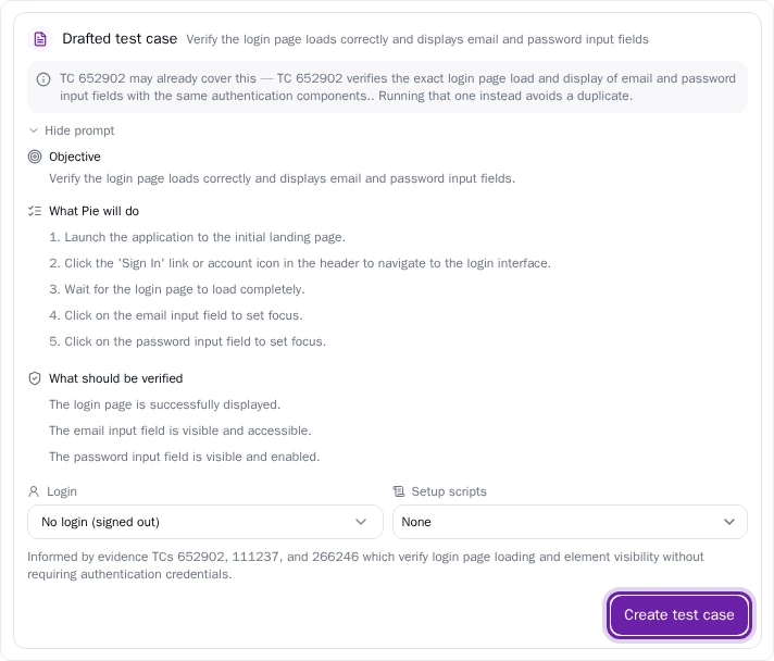 A draft test case in Chat Pie Chat draft card with Objective, What Pie will do and What should be verified, and the Create test case button ringed