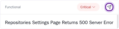 Pie Issues screen: an open issue&rsquo;s header with its severity and the Export issue icon, a paper plane, ringed.