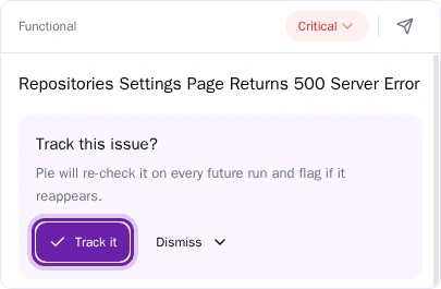 Pie Issues screen with one issue open: the Track this issue card, with Track it ringed and Dismiss beside it.