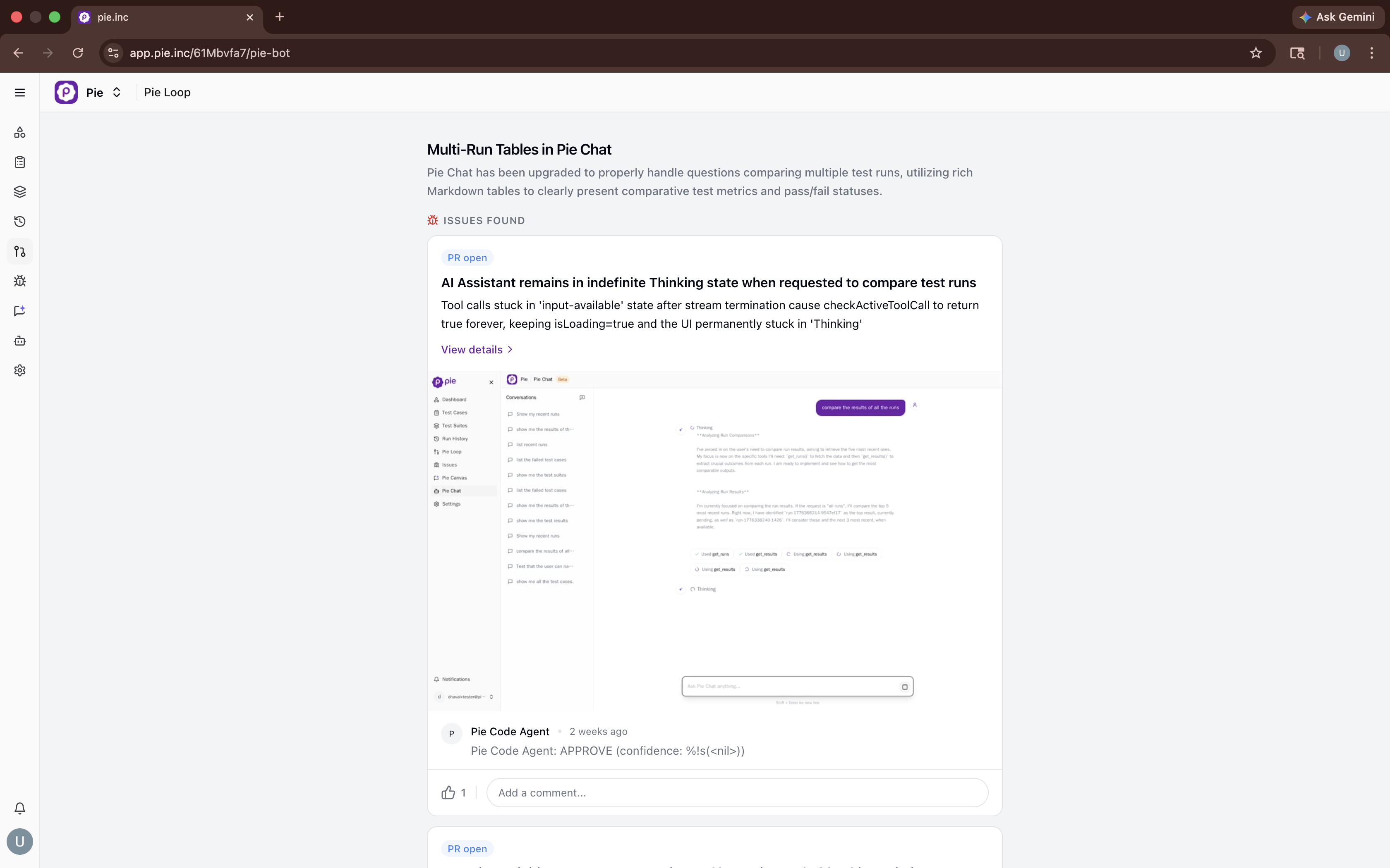 Coverage story expanded to show an Issues Found section with an issue card, including the issue title, plain-English description, screenshot thumbnail, and a Pie Code Agent confidence comment