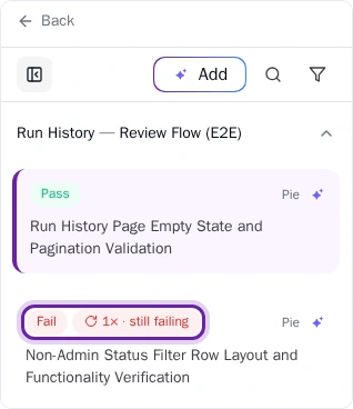 Pie run detail test list: one test marked Pass, one marked Fail, with the Fail row&rsquo;s status chips highlighted