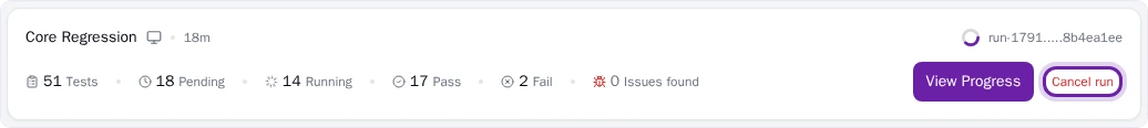 Cancel run on a run in progress Pie Run History card for a run in progress with the Cancel run link highlighted next to the View Progress button