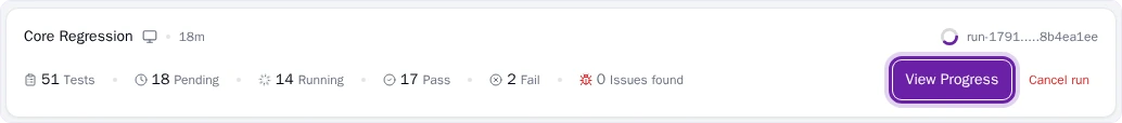 A run in progress in Run History Pie Run History card for a run in progress, with Pending, Running, Pass and Fail counts and a View Progress button