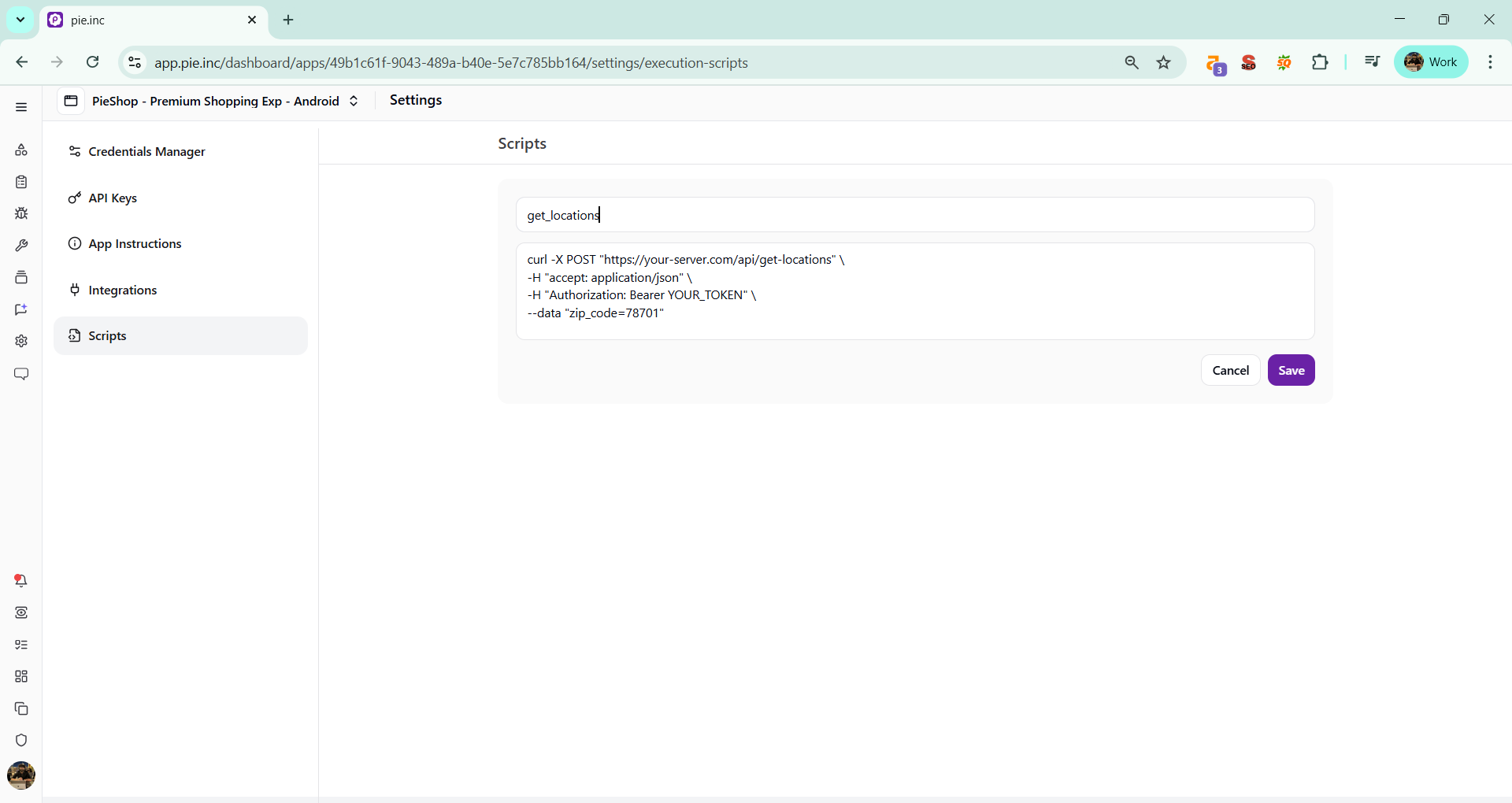 Add Script dialog with Script Name and curl Command fields
