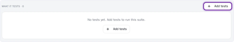 Pie Test Suites screen: a new suite&rsquo;s What it tests section with no tests yet, and the Add tests button ringed
