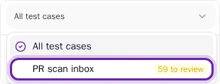 Pie portal Test Cases filter open with All test cases and PR scan inbox options, PR scan inbox ringed